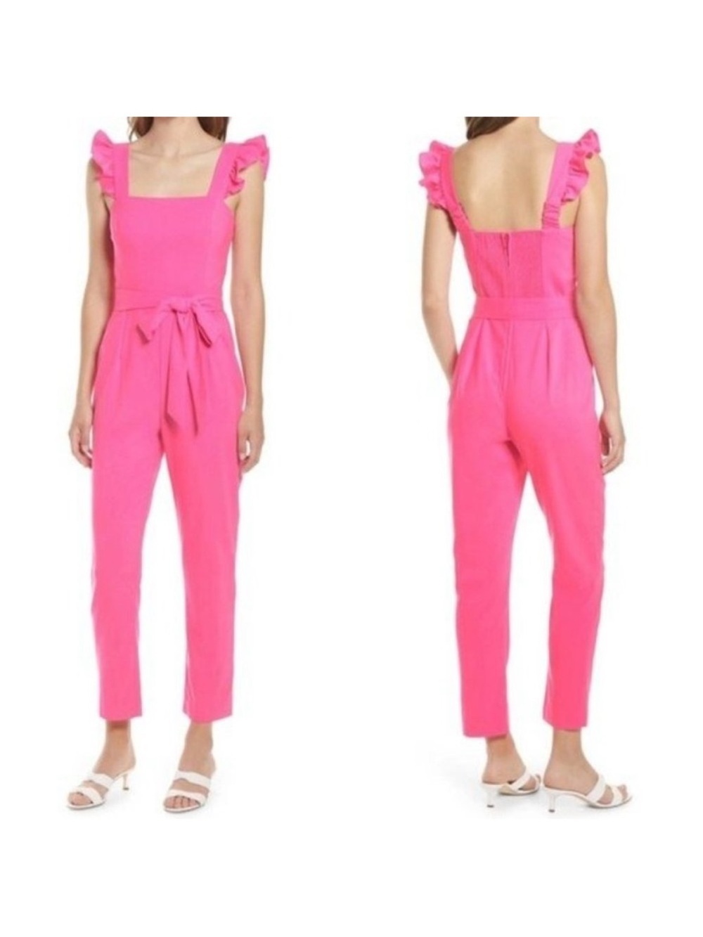 NWOT Lilly Pulitzer Eppley Hot Neon Pink Ruffle Shoulder Tie Jumpsuit Size 12